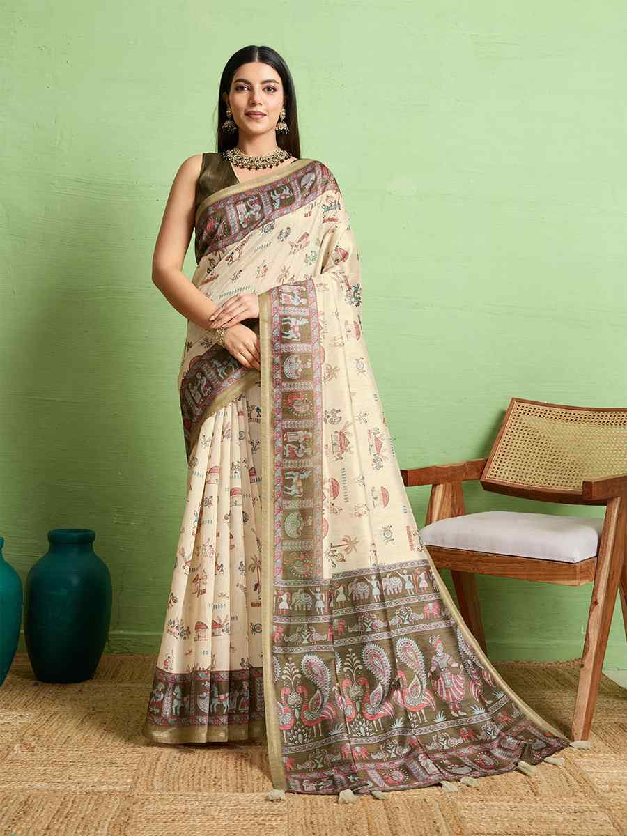 Cream Silk Blend Printed Festival Wedding Fancy Heavy Border Saree