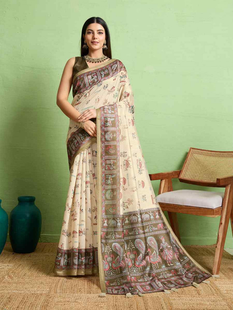 Image of Cream Silk Blend Printed Festival Wedding Fancy Heavy Border Saree