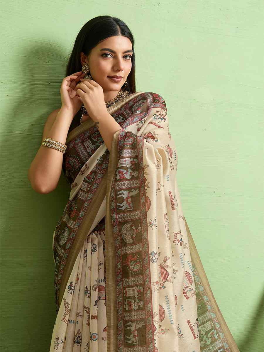 Cream Silk Blend Printed Festival Wedding Fancy Heavy Border Saree