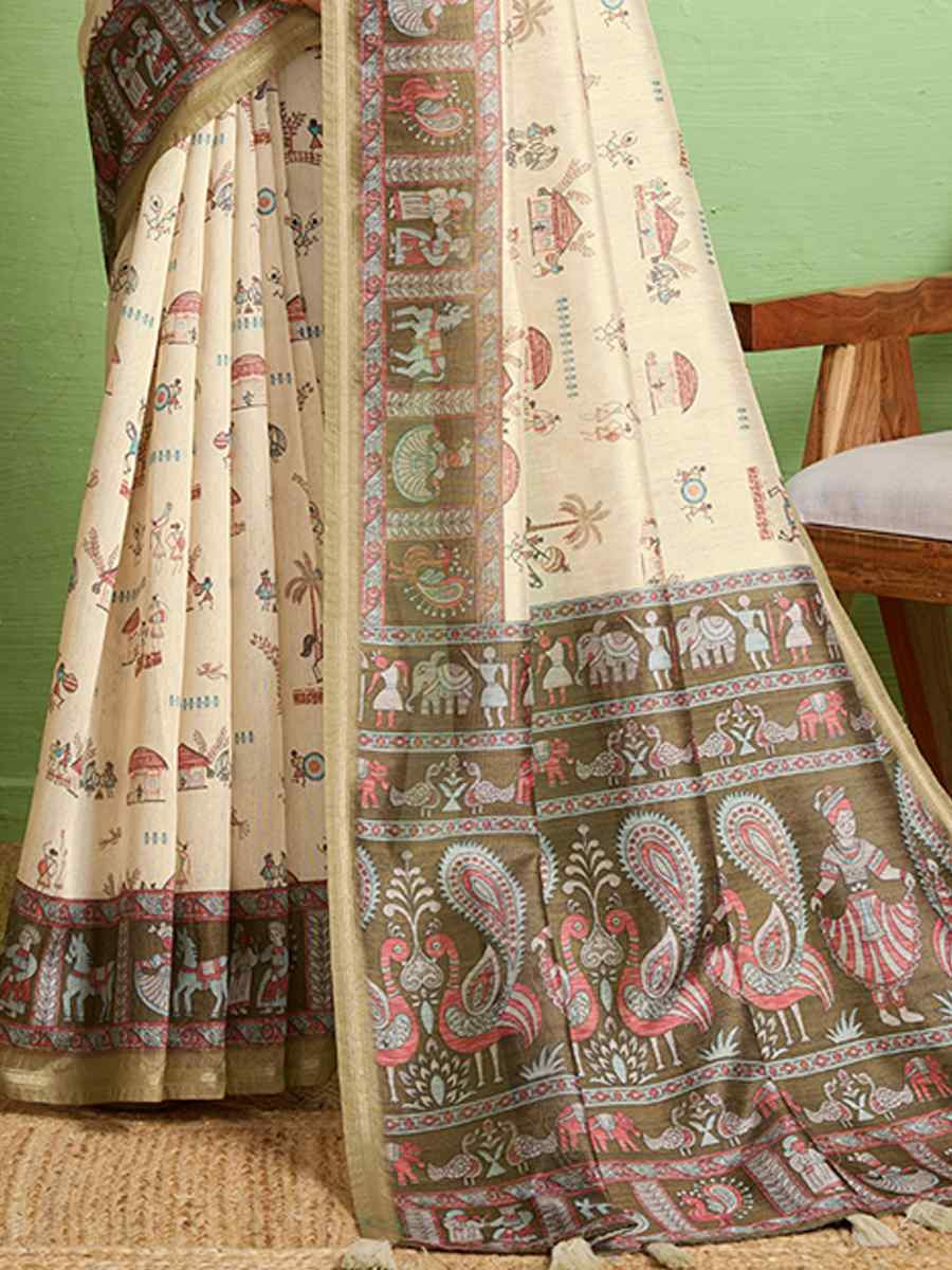 Cream Silk Blend Printed Festival Wedding Fancy Heavy Border Saree