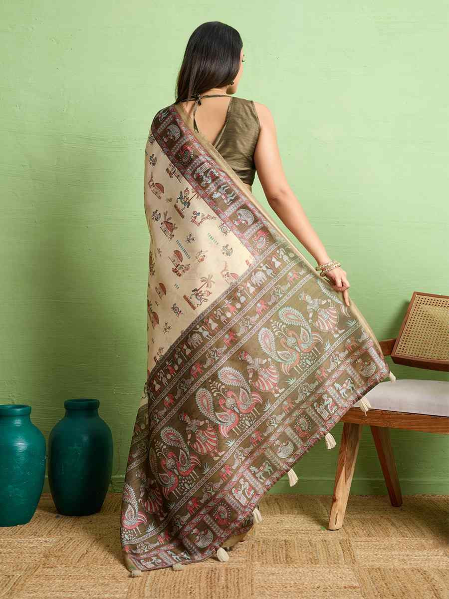 Cream Silk Blend Printed Festival Wedding Fancy Heavy Border Saree