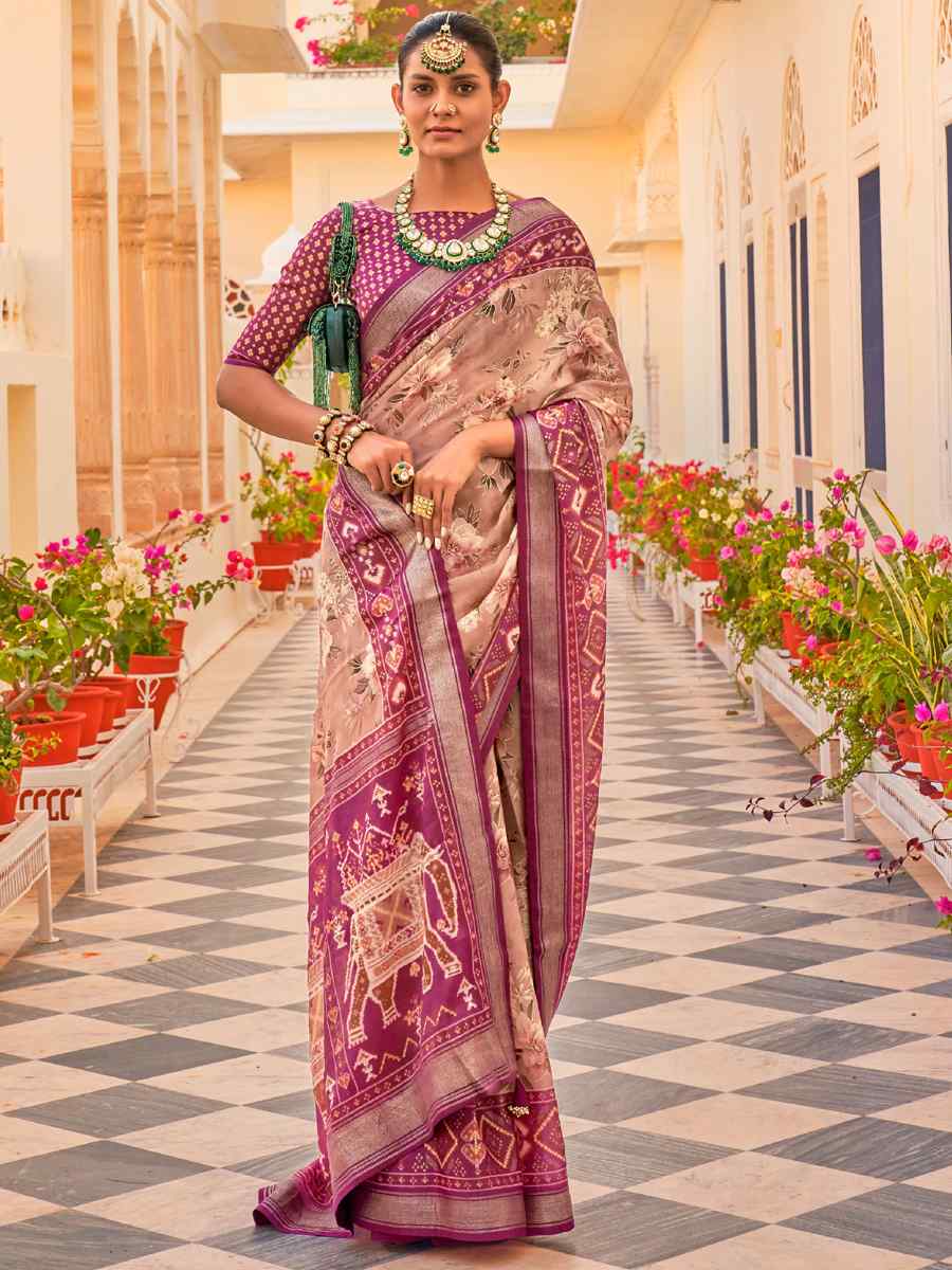 Cream Silk Chiffon Printed Party Festival Contemporary Saree