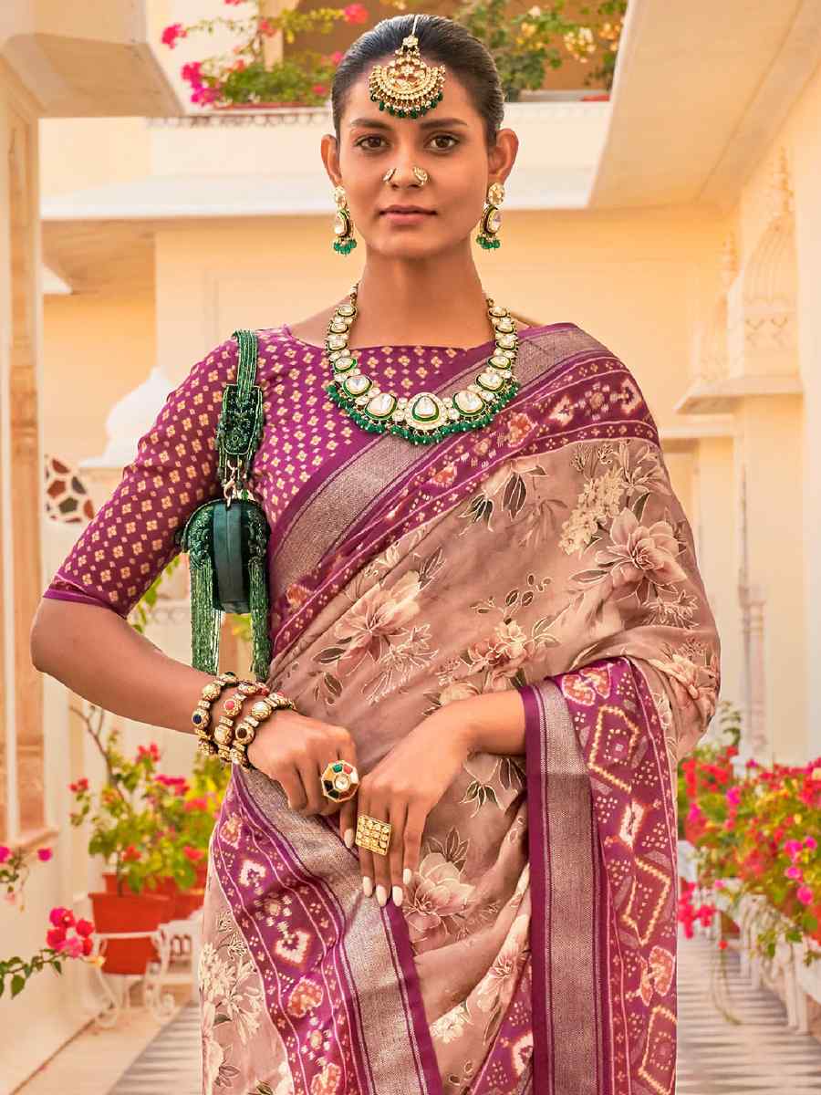 Cream Silk Chiffon Printed Party Festival Contemporary Saree