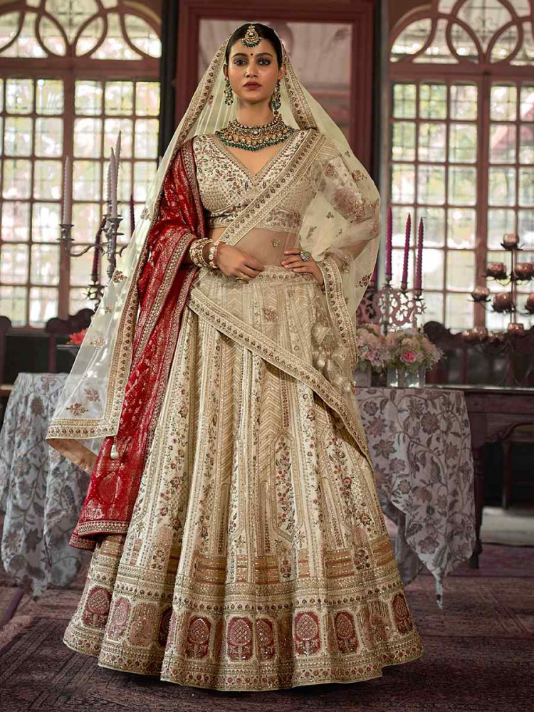 Image of Cream Silk Embroidered Bridal Wedding Reception Festival Heavy Border Lehenga Choli