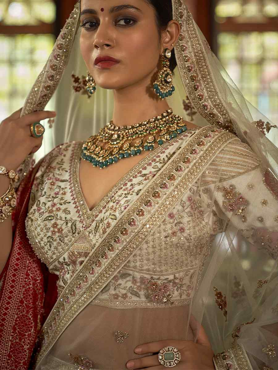 Cream Silk Embroidered Bridal Wedding Reception Festival Heavy Border Lehenga Choli