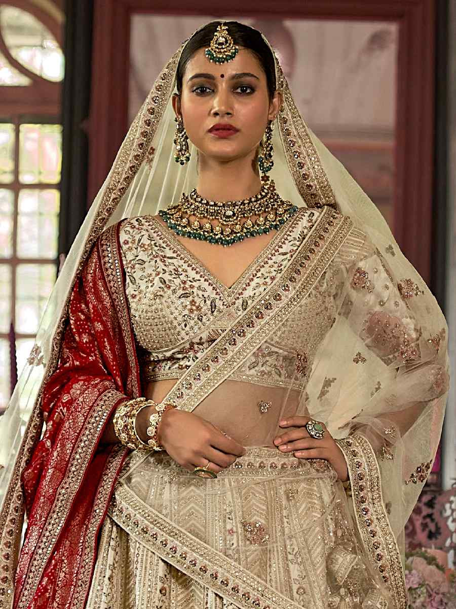 Cream Silk Embroidered Bridal Wedding Reception Festival Heavy Border Lehenga Choli