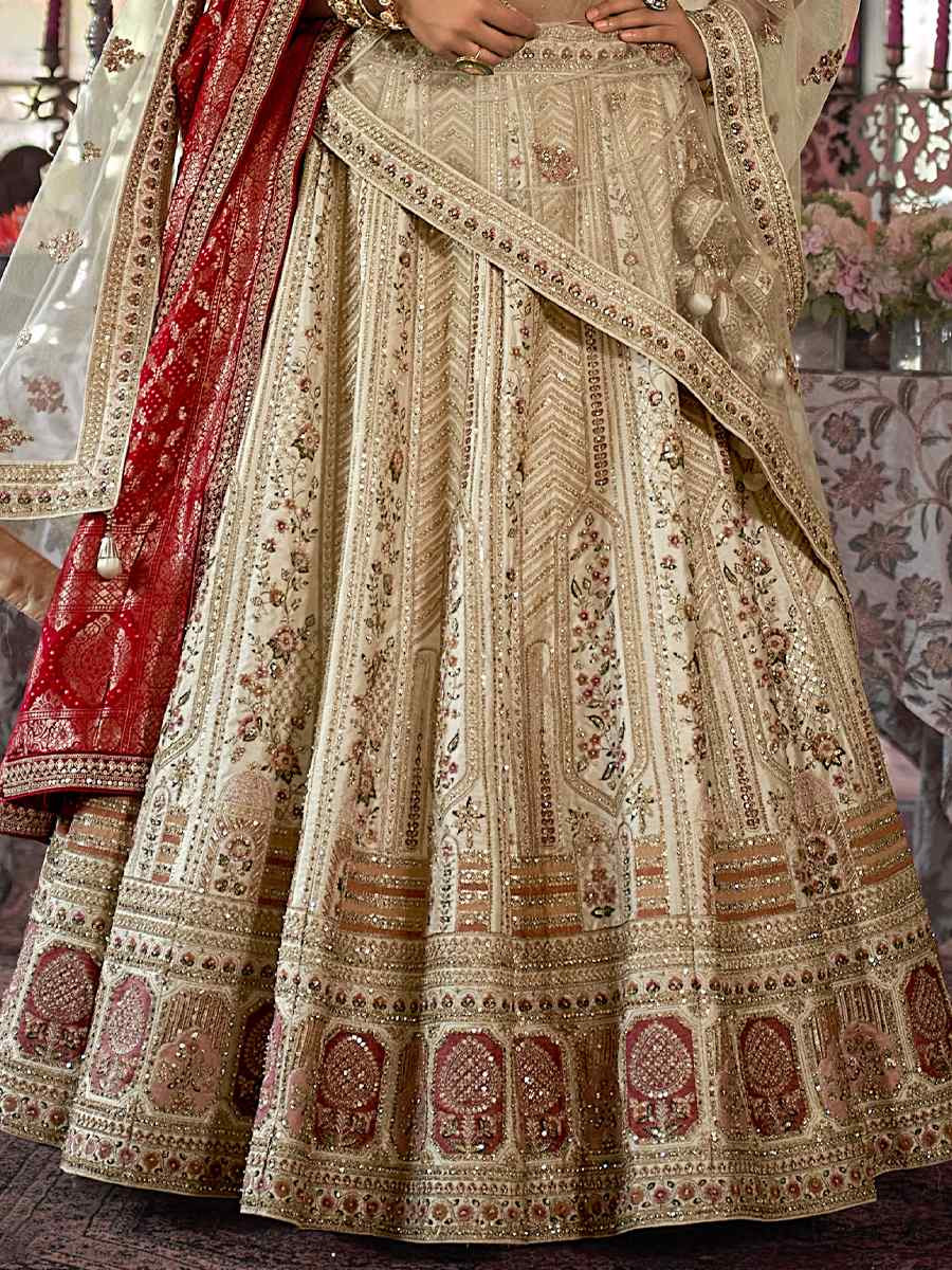 Cream Silk Embroidered Bridal Wedding Reception Festival Heavy Border Lehenga Choli