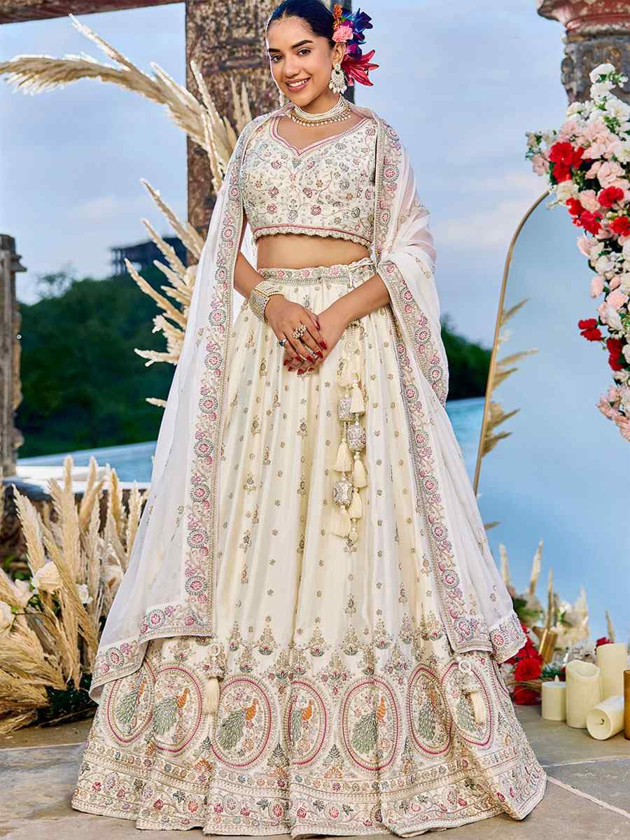 Cream Silk Embroidered Wedding Reception Festival Heavy Border Lehenga Choli