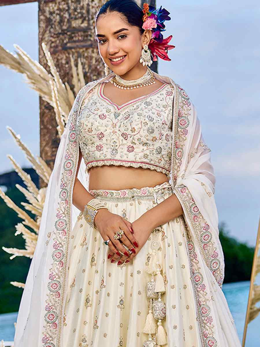 Cream Silk Embroidered Wedding Reception Festival Heavy Border Lehenga Choli