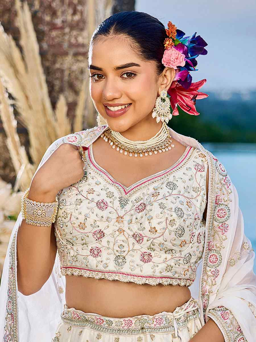 Cream Silk Embroidered Wedding Reception Festival Heavy Border Lehenga Choli