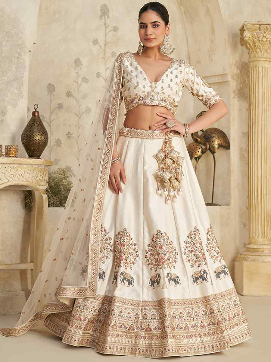 Cream Silk Embroidered Wedding Reception Festival Heavy Border Lehenga Choli