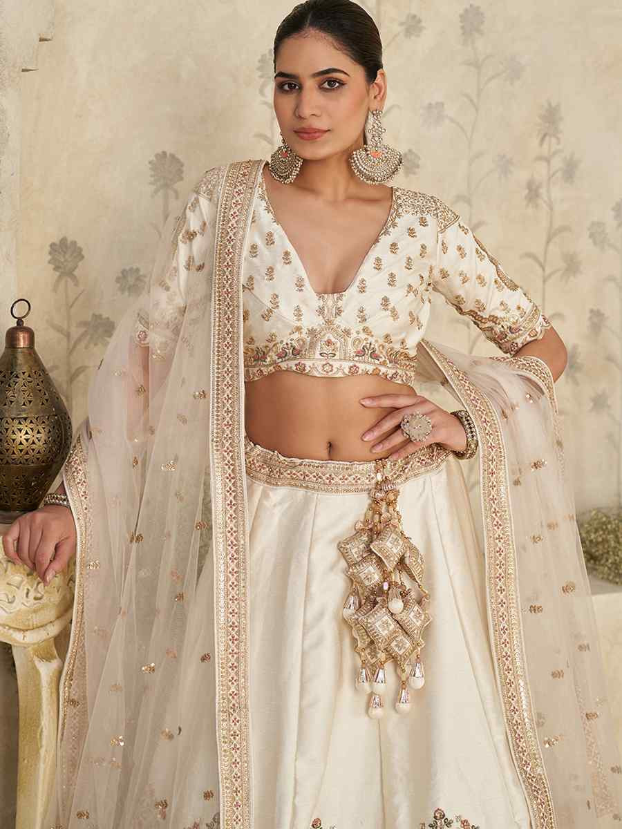Cream Silk Embroidered Wedding Reception Festival Heavy Border Lehenga Choli