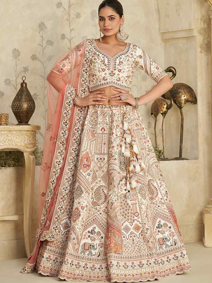 Cream Silk Embroidered Wedding Reception Festival Heavy Border Lehenga Choli
