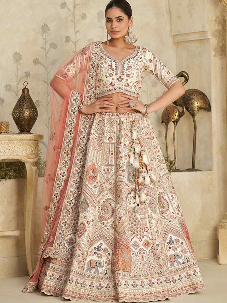 Image of Cream Silk Embroidered Wedding Reception Festival Heavy Border Lehenga Choli