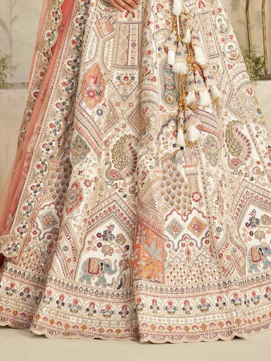 Cream Silk Embroidered Wedding Reception Festival Heavy Border Lehenga Choli