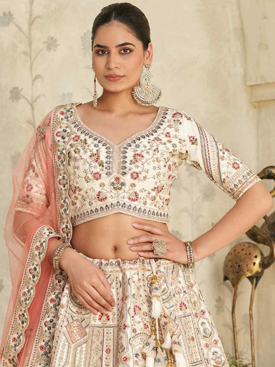 Cream Silk Embroidered Wedding Reception Festival Heavy Border Lehenga Choli