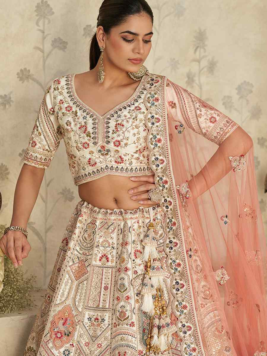 Cream Silk Embroidered Wedding Reception Festival Heavy Border Lehenga Choli