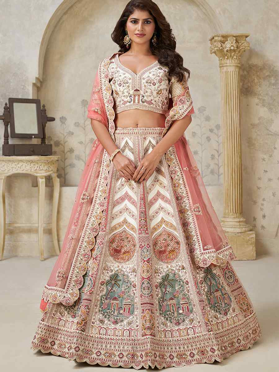 Cream Silk Embroidered Wedding Reception Festival Heavy Border Lehenga Choli