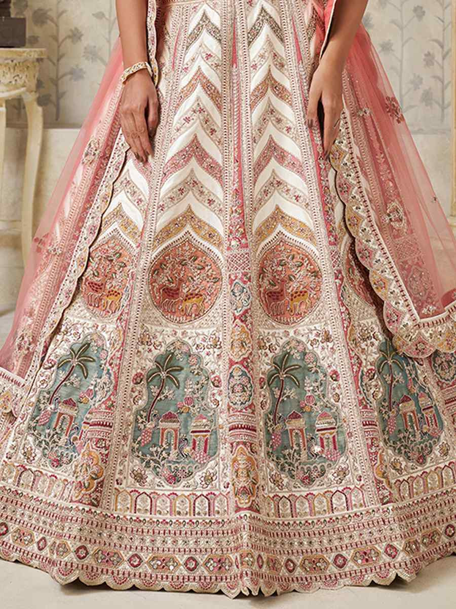 Cream Silk Embroidered Wedding Reception Festival Heavy Border Lehenga Choli
