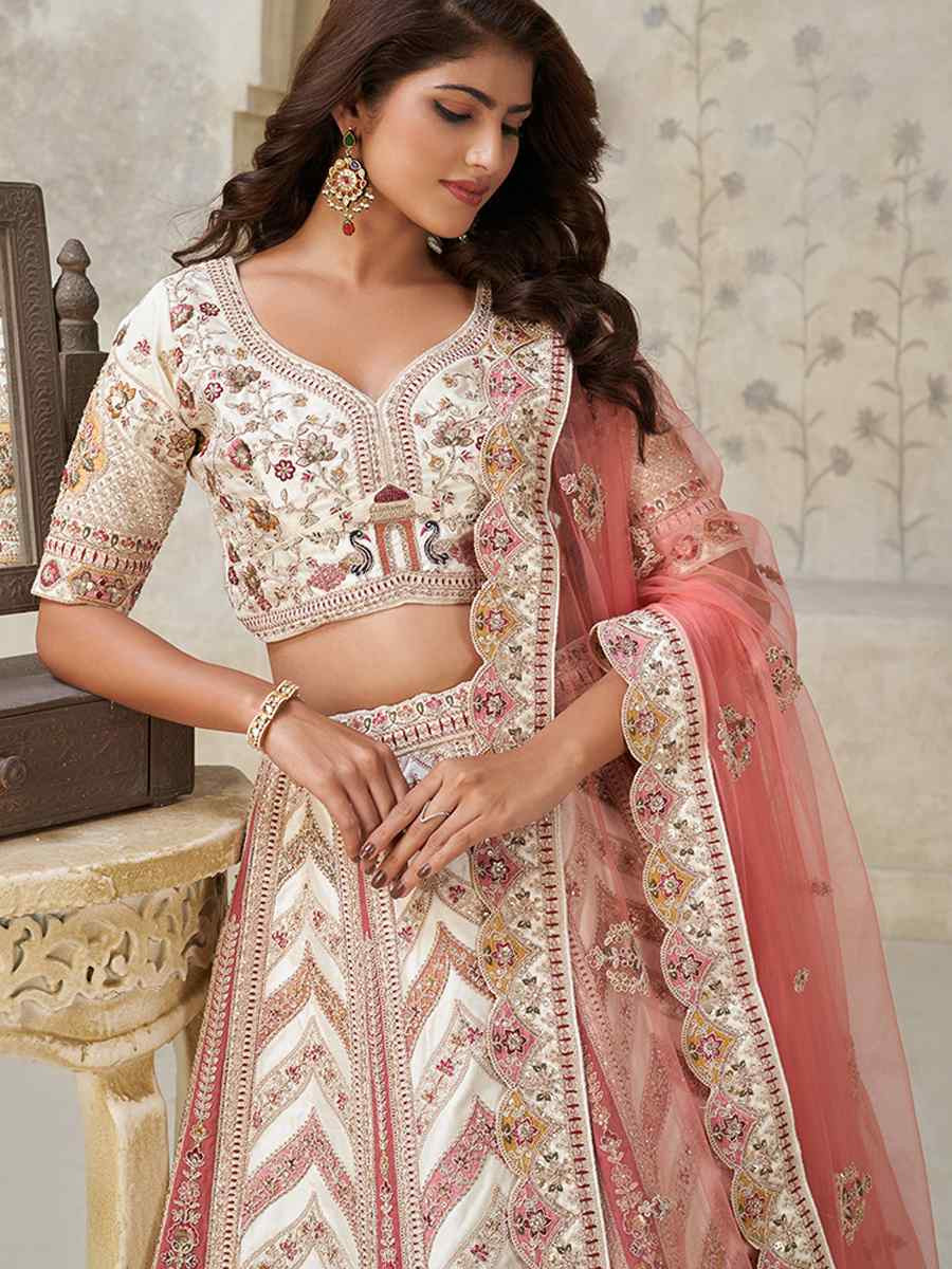 Cream Silk Embroidered Wedding Reception Festival Heavy Border Lehenga Choli