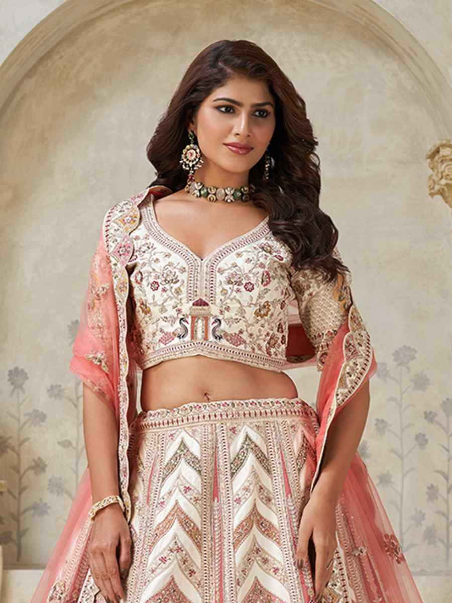 Cream Silk Embroidered Wedding Reception Festival Heavy Border Lehenga Choli