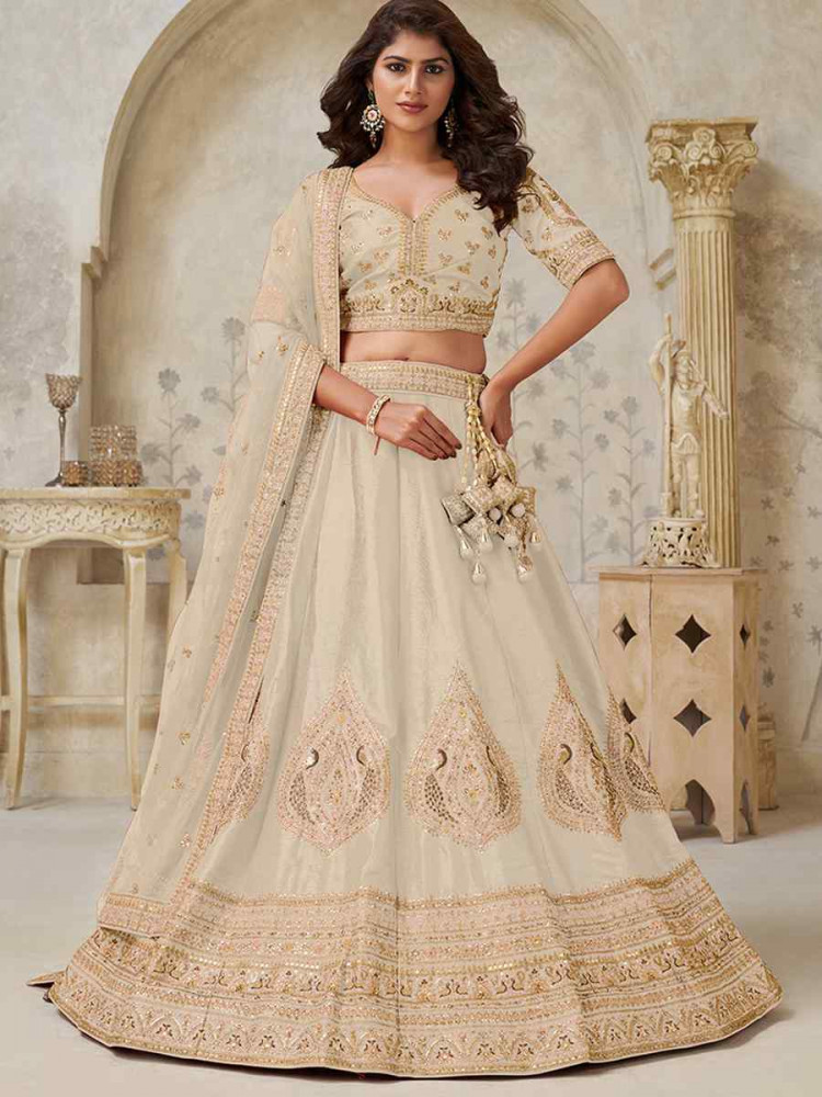 Image of Cream Silk Embroidered Wedding Reception Festival Heavy Border Lehenga Choli