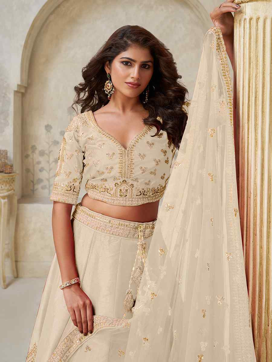 Cream Silk Embroidered Wedding Reception Festival Heavy Border Lehenga Choli