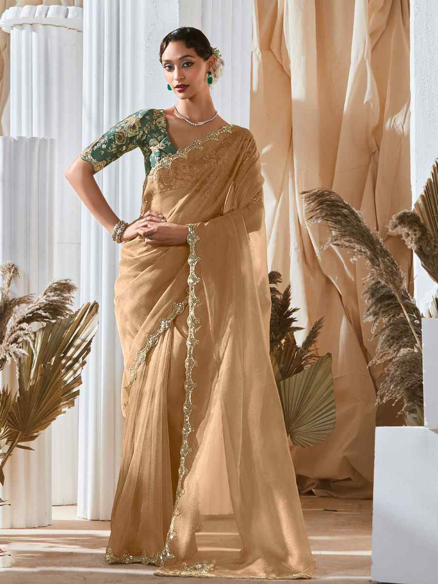 Cream Silk Embroidery Traditional Bridal Reception Festival Wedding Fancy Heavy Border Saree