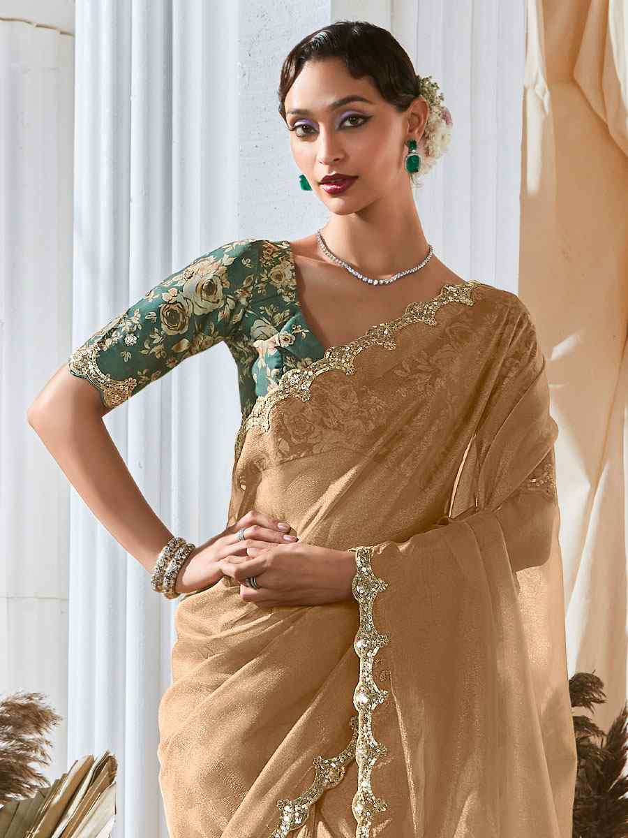 Cream Silk Embroidery Traditional Bridal Reception Festival Wedding Fancy Heavy Border Saree