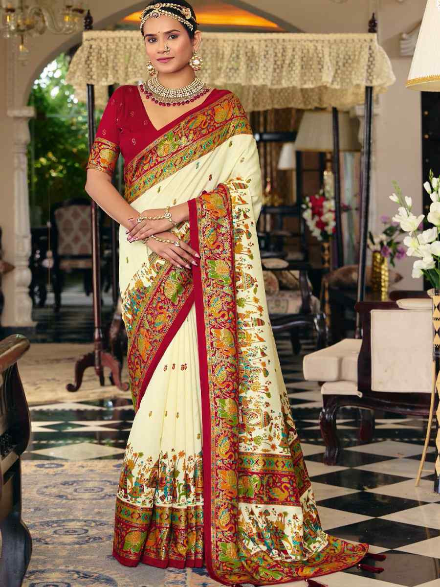 Cream Silk Handwoven Casual Reception Festival Wedding Fancy Heavy Border Saree
