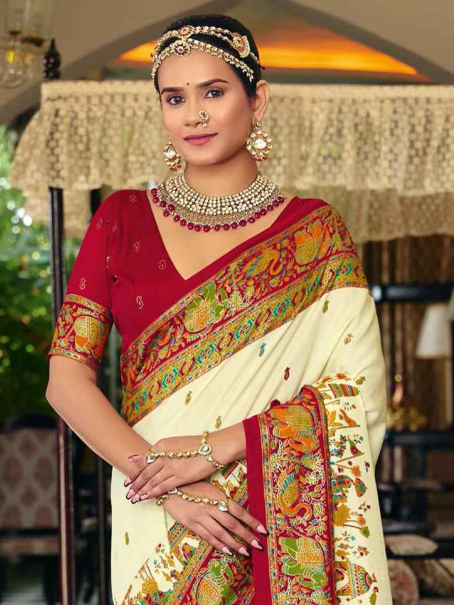 Cream Silk Handwoven Casual Reception Festival Wedding Fancy Heavy Border Saree