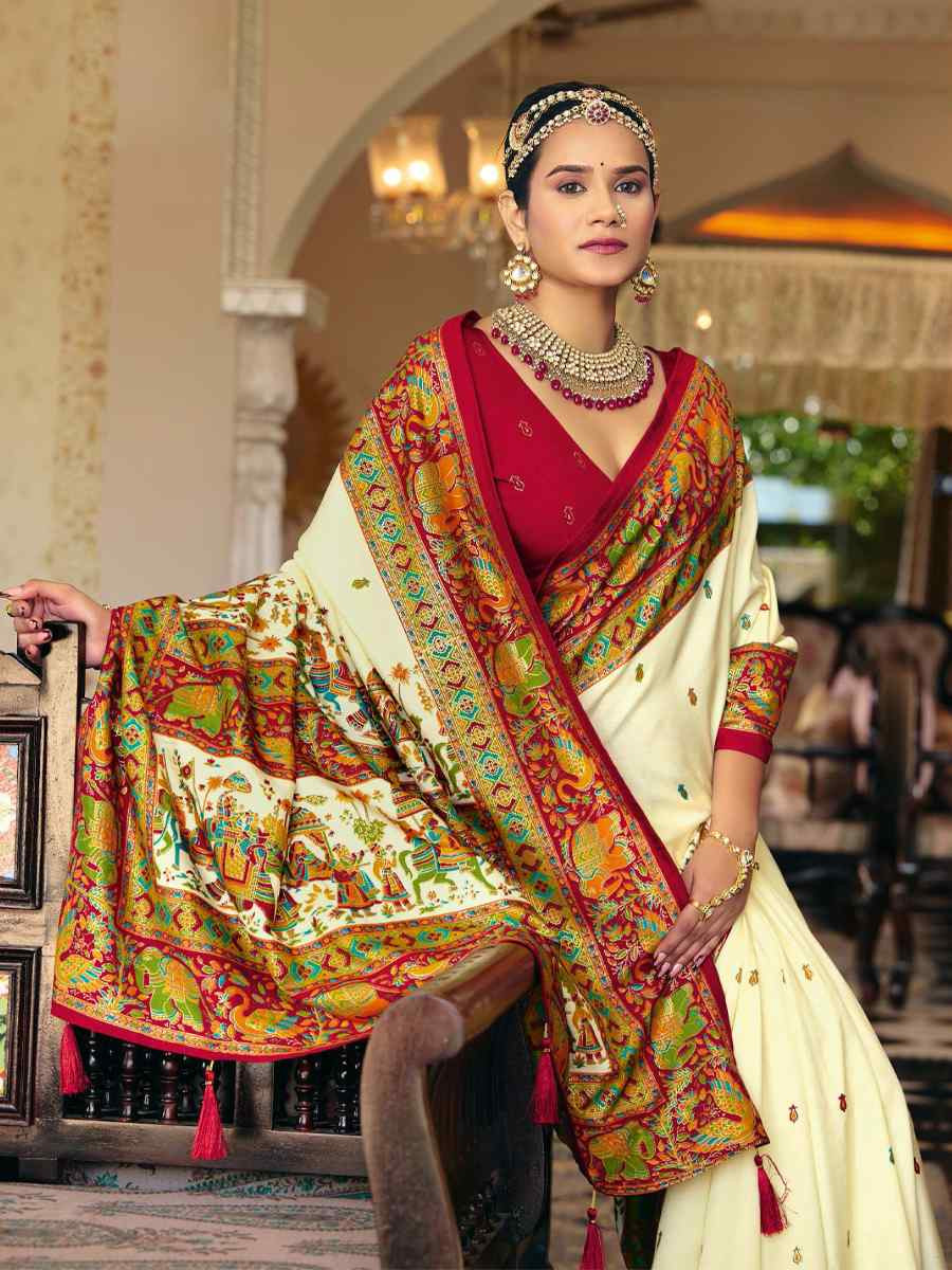 Cream Silk Handwoven Casual Reception Festival Wedding Fancy Heavy Border Saree