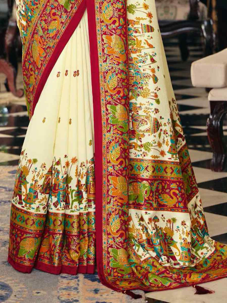Cream Silk Handwoven Casual Reception Festival Wedding Fancy Heavy Border Saree