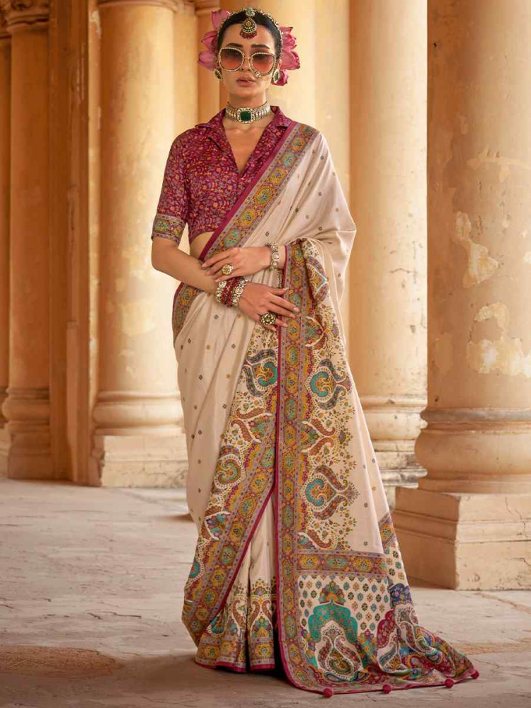 Cream Silk Handwoven Festival Wedding Fancy Heavy Border Saree