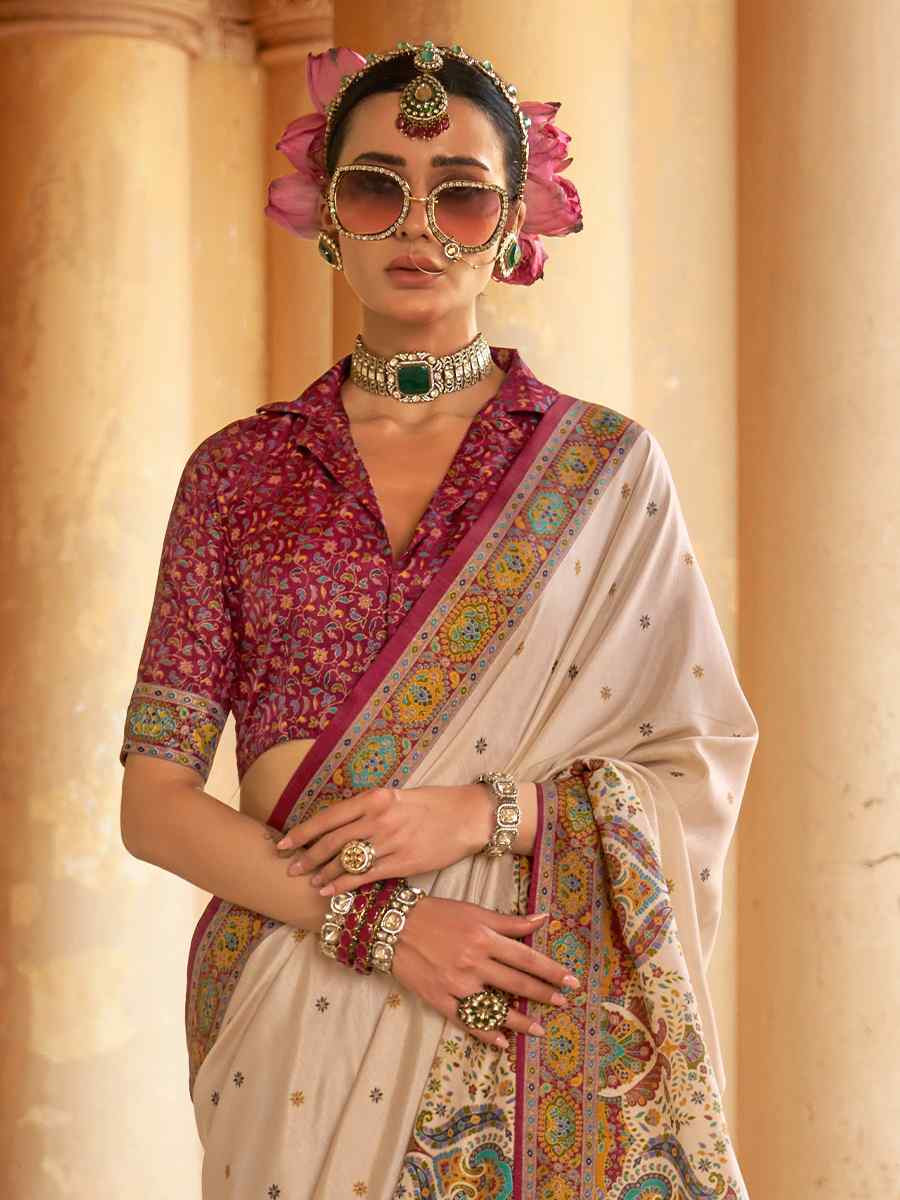 Cream Silk Handwoven Festival Wedding Fancy Heavy Border Saree