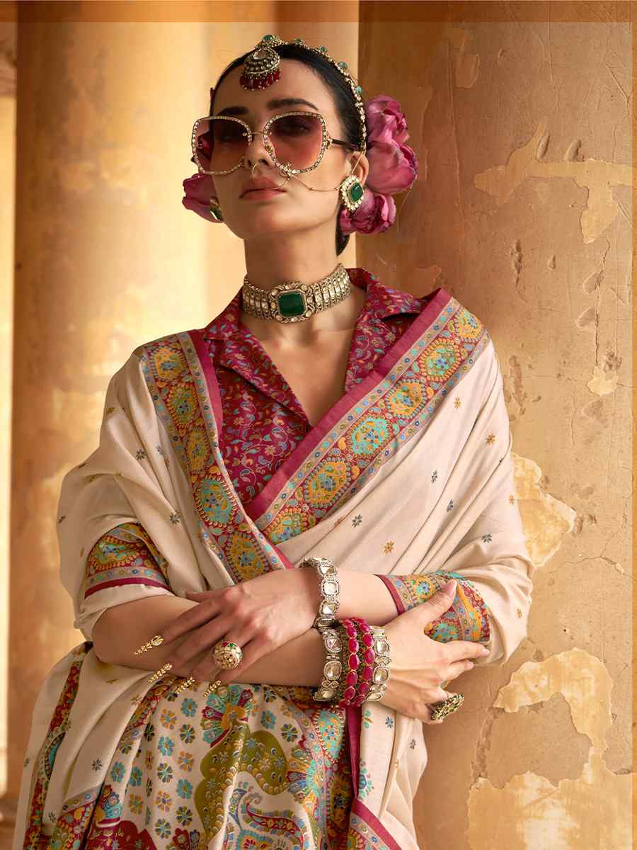 Cream Silk Handwoven Festival Wedding Fancy Heavy Border Saree