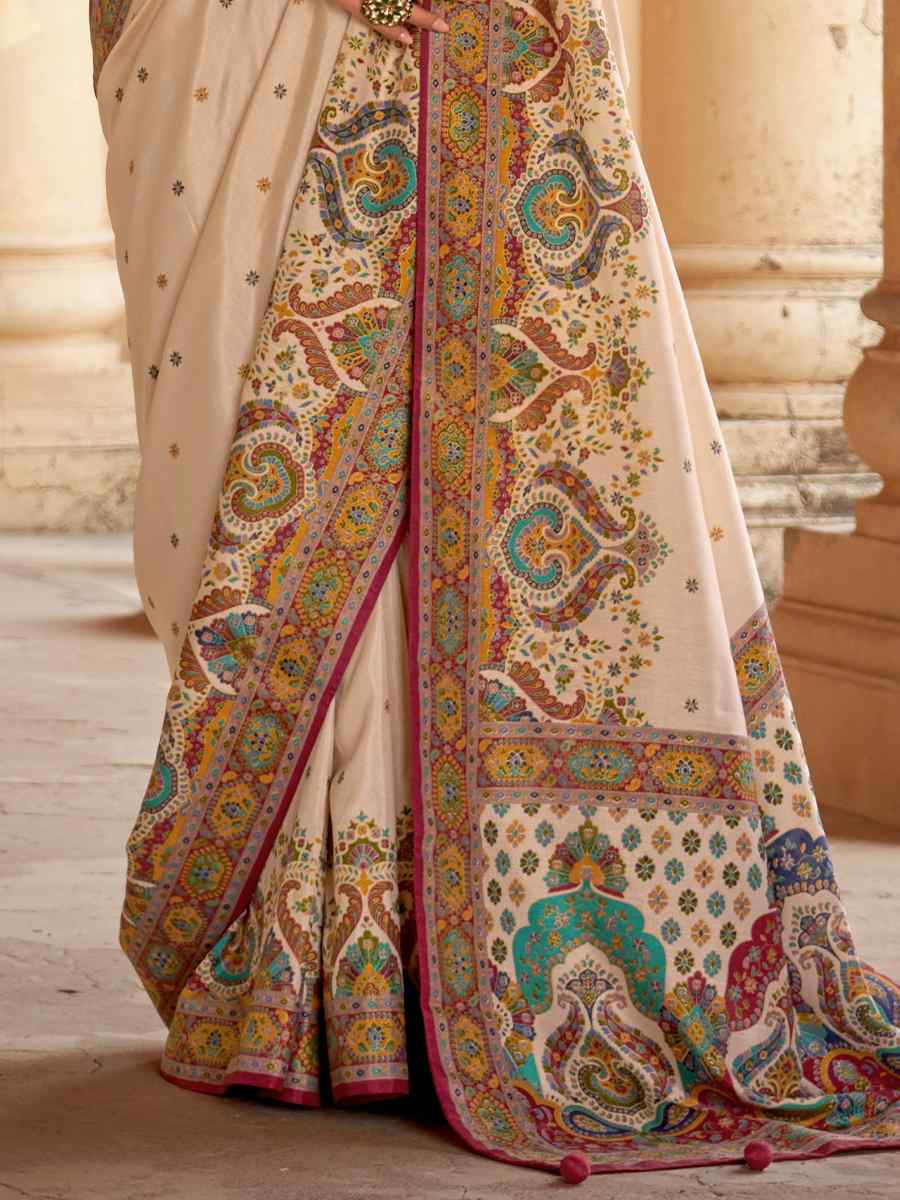 Cream Silk Handwoven Festival Wedding Fancy Heavy Border Saree