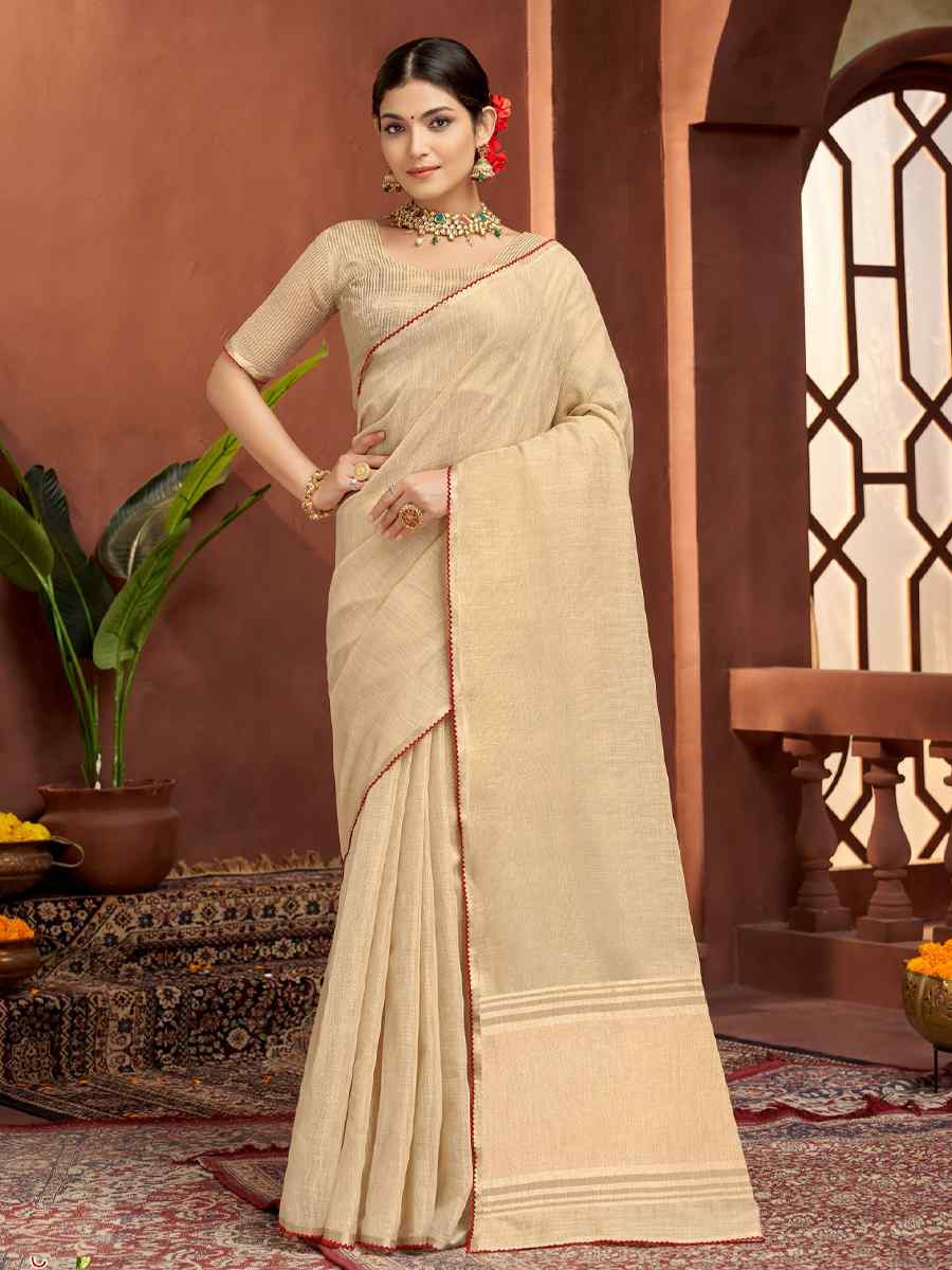 Cream Silk Handwoven Festival Wedding Fancy Heavy Border Saree