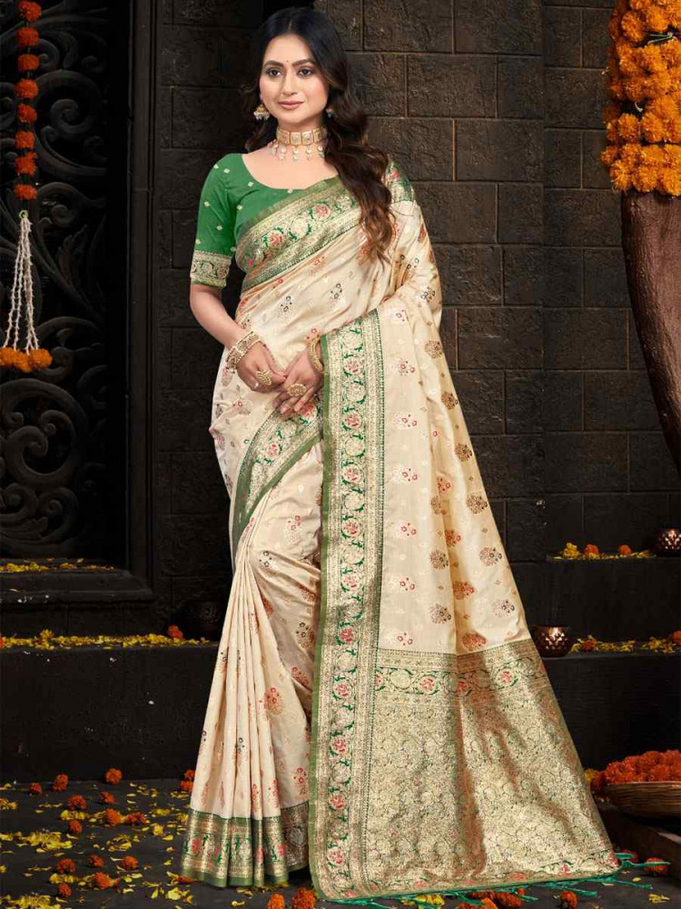 Image of Cream Silk Handwoven Festival Wedding Fancy Heavy Border Saree