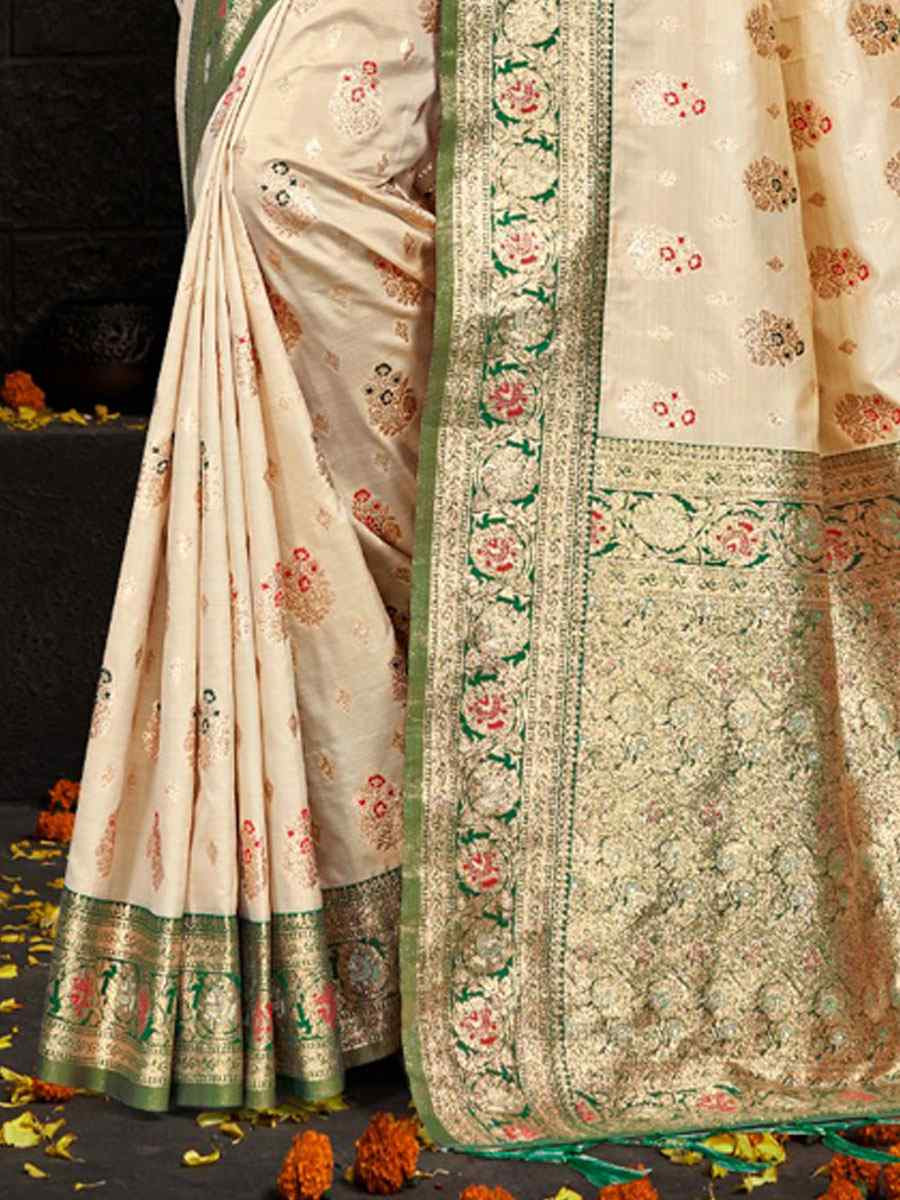 Cream Silk Handwoven Festival Wedding Fancy Heavy Border Saree