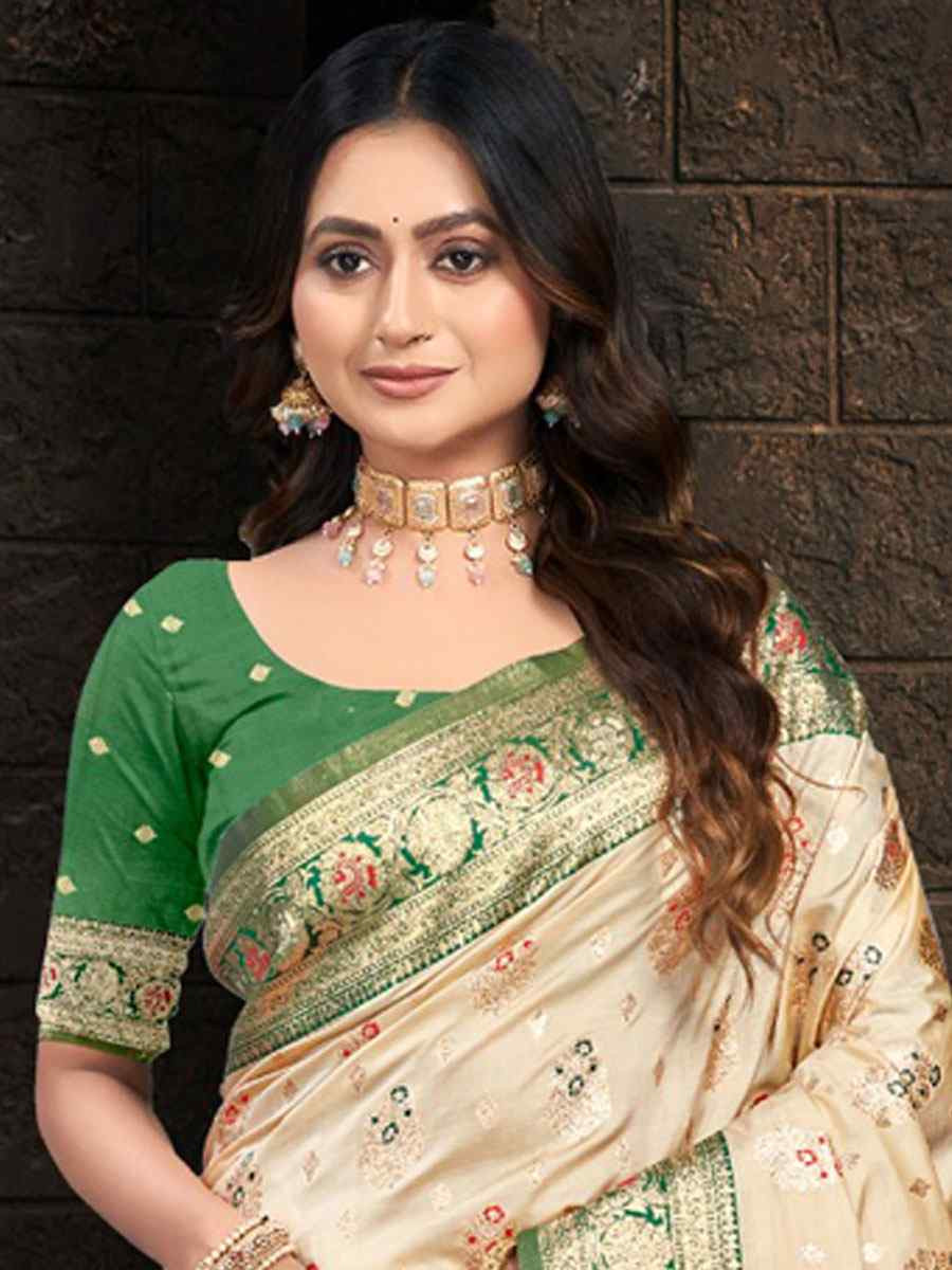 Cream Silk Handwoven Festival Wedding Fancy Heavy Border Saree