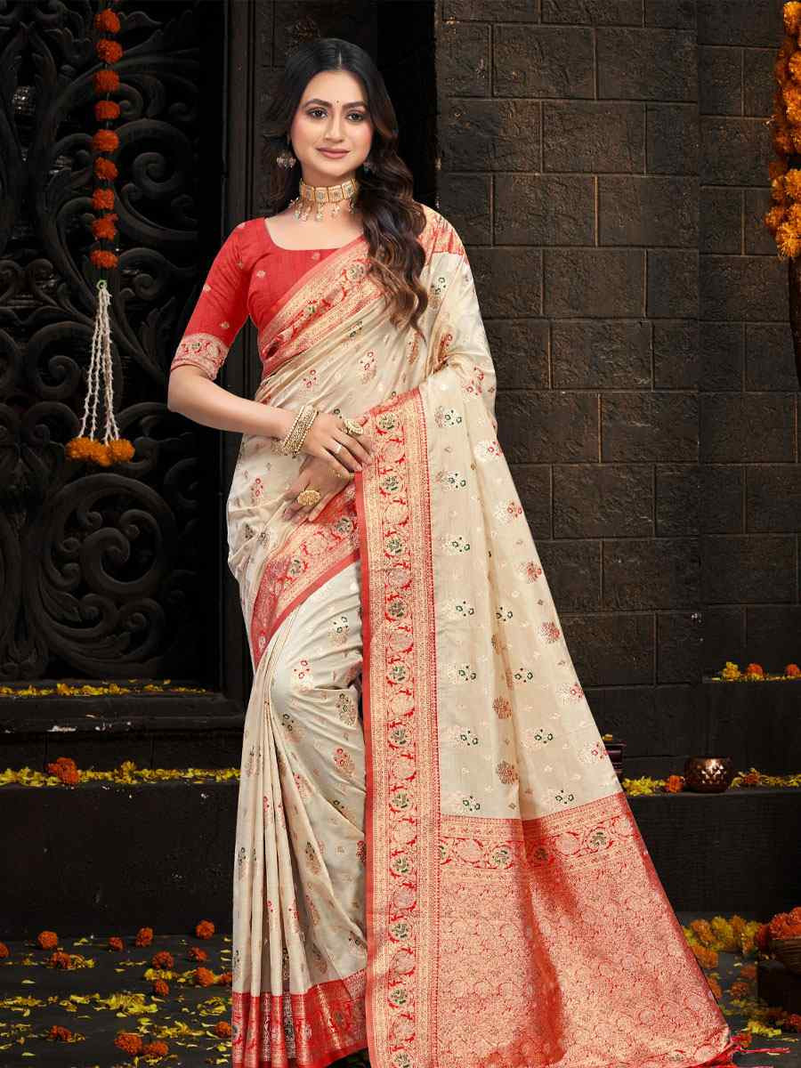 Cream Silk Handwoven Festival Wedding Fancy Heavy Border Saree