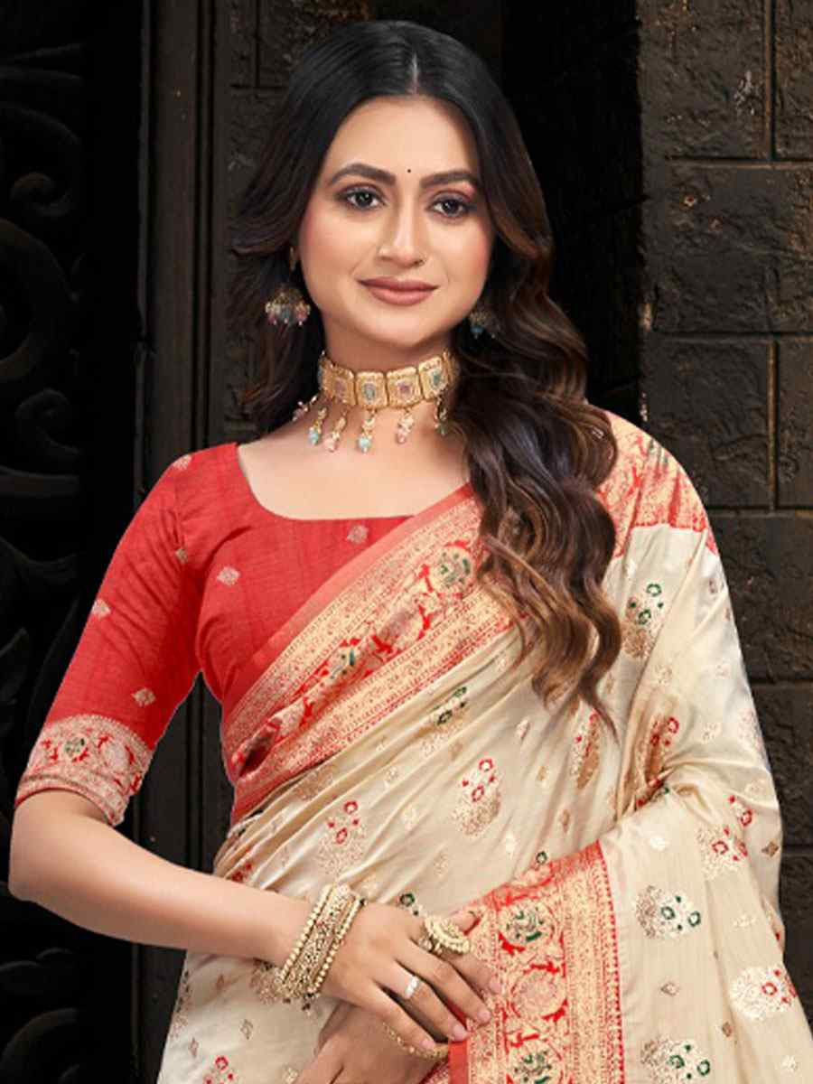 Cream Silk Handwoven Festival Wedding Fancy Heavy Border Saree