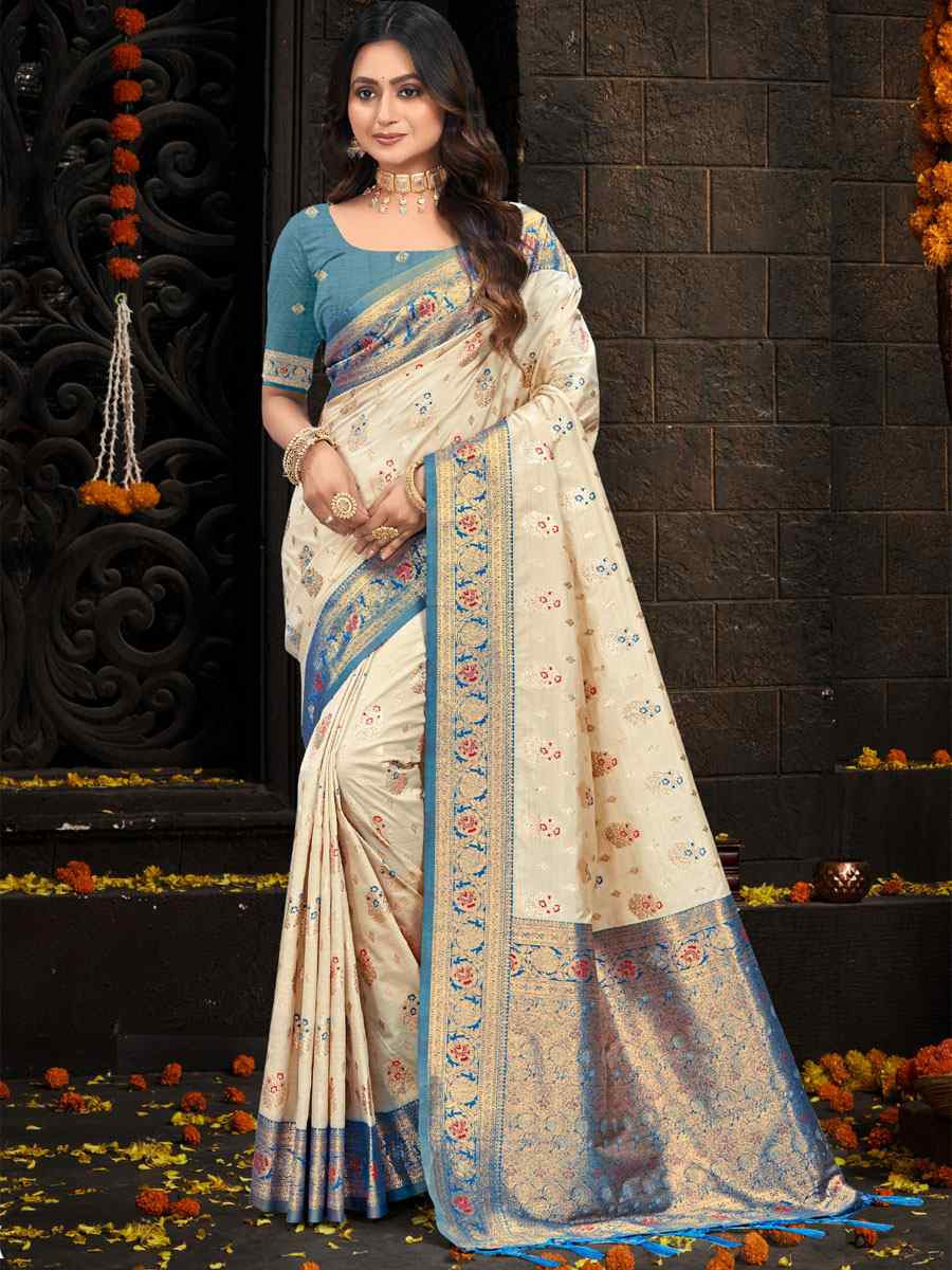 Cream Silk Handwoven Festival Wedding Fancy Heavy Border Saree
