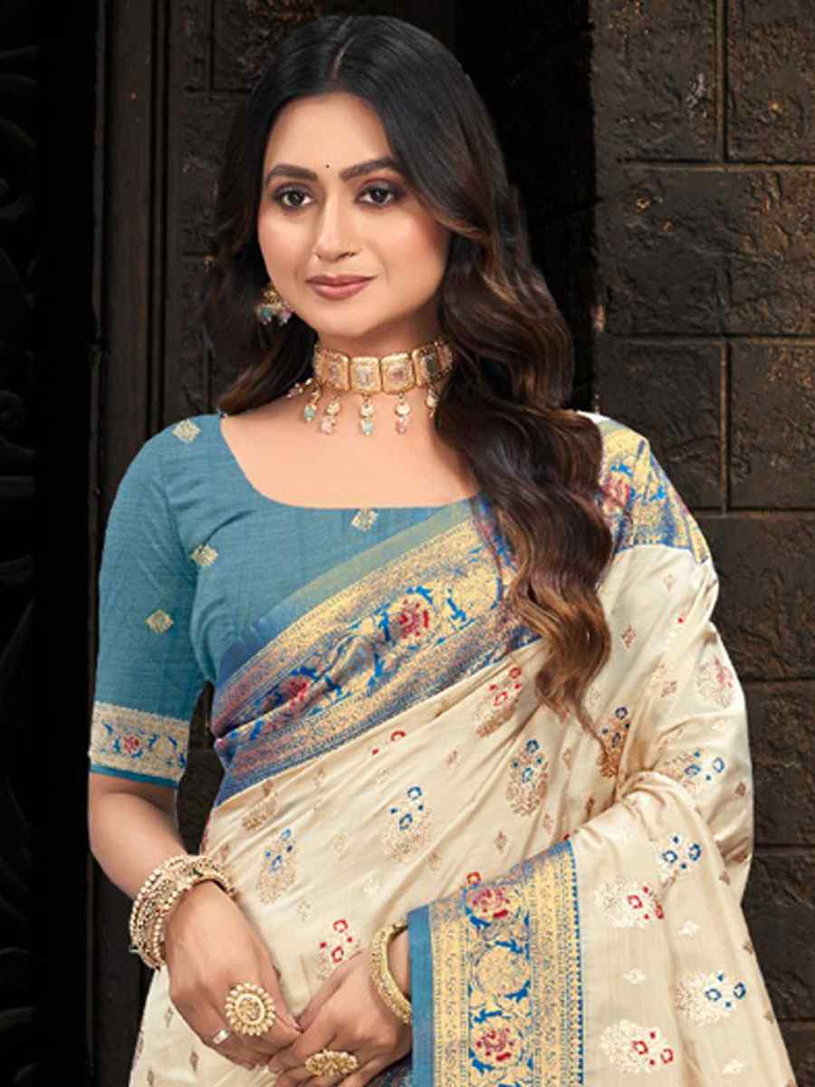 Cream Silk Handwoven Festival Wedding Fancy Heavy Border Saree