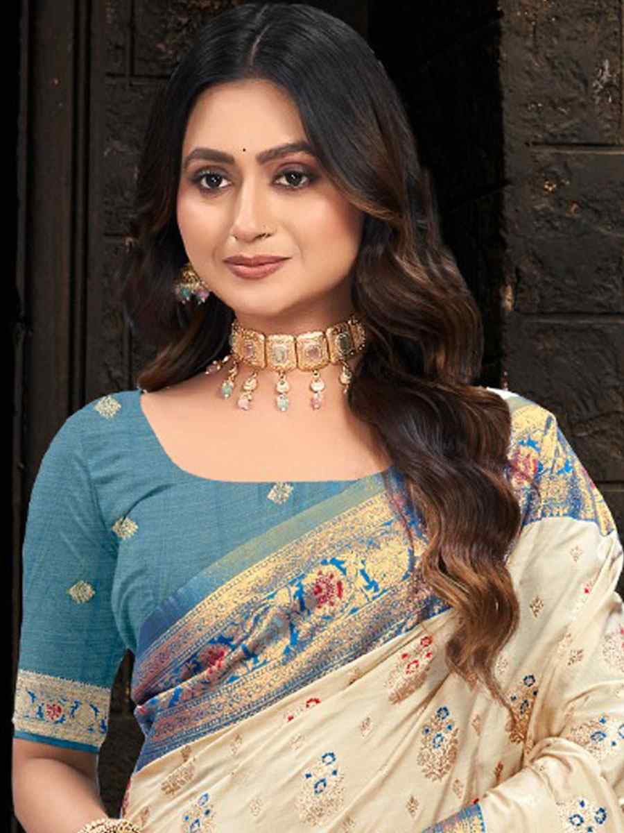 Cream Silk Handwoven Festival Wedding Fancy Heavy Border Saree