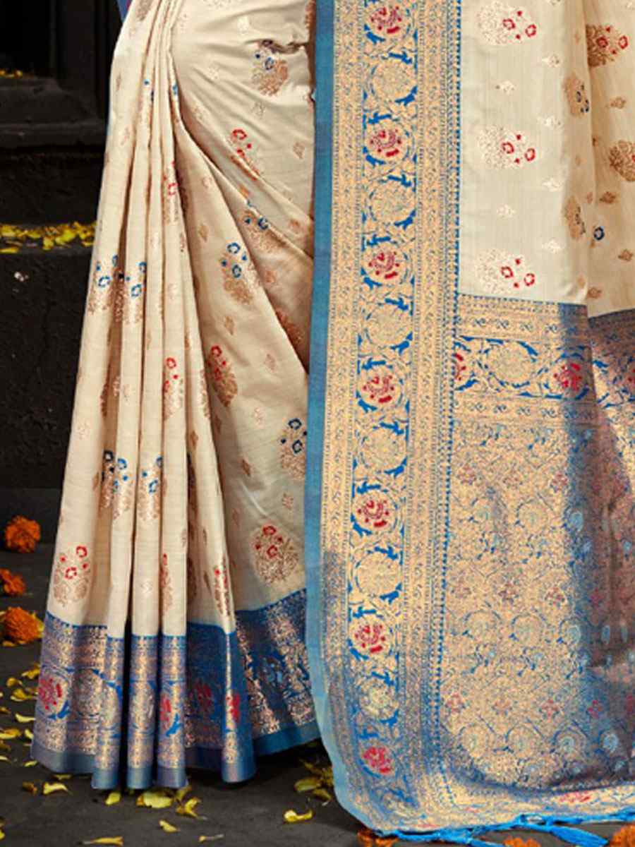 Cream Silk Handwoven Festival Wedding Fancy Heavy Border Saree