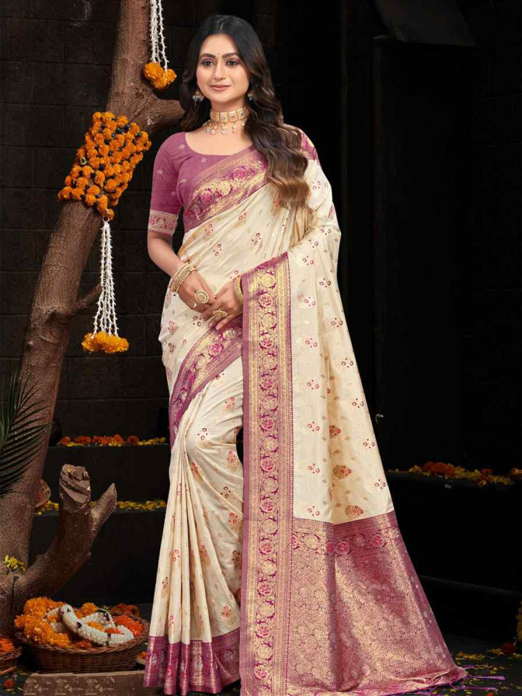 Image of Cream Silk Handwoven Festival Wedding Fancy Heavy Border Saree