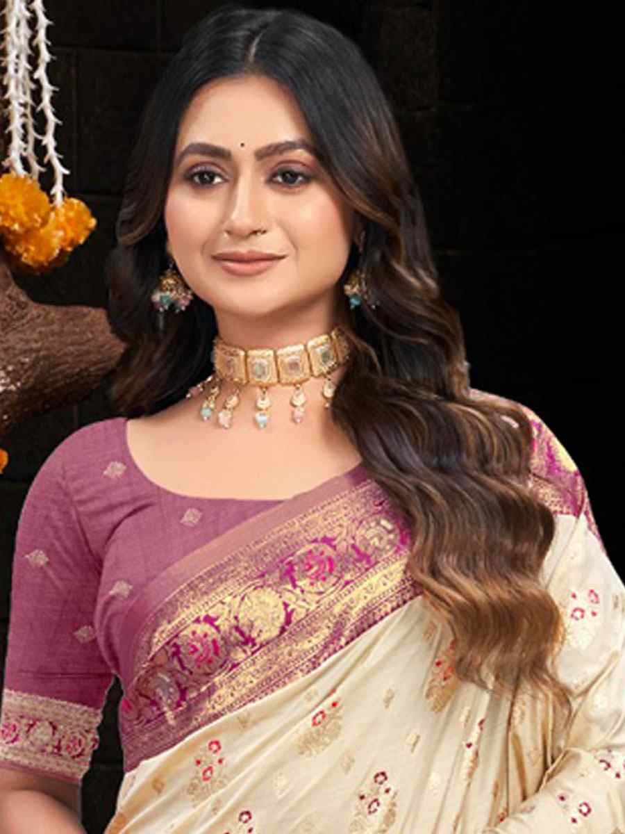 Cream Silk Handwoven Festival Wedding Fancy Heavy Border Saree