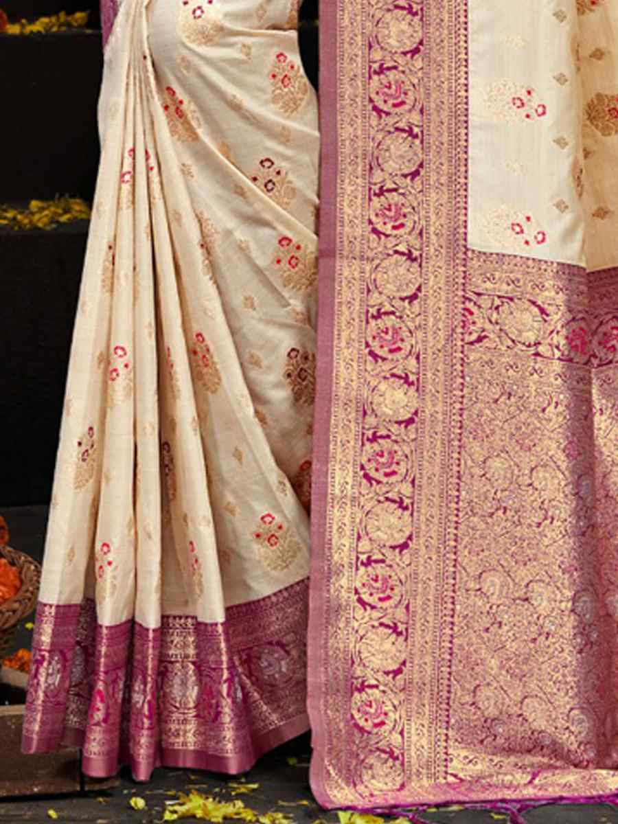 Cream Silk Handwoven Festival Wedding Fancy Heavy Border Saree
